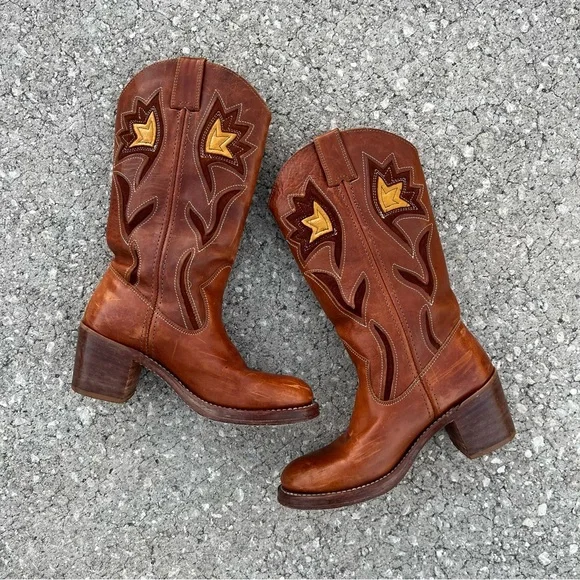 Vintage Frye Sabrina Floral Inlay Leather Boho Pull On Campus Boots Western - Picture 2 of 10
